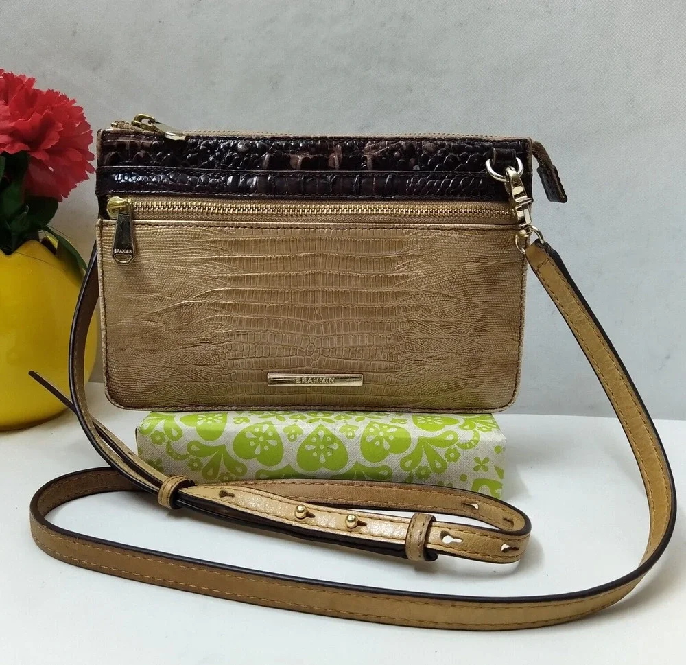 Brahmin Jillian Crossbody Croc Lizard Brown Cabana Leather Clutch Bag